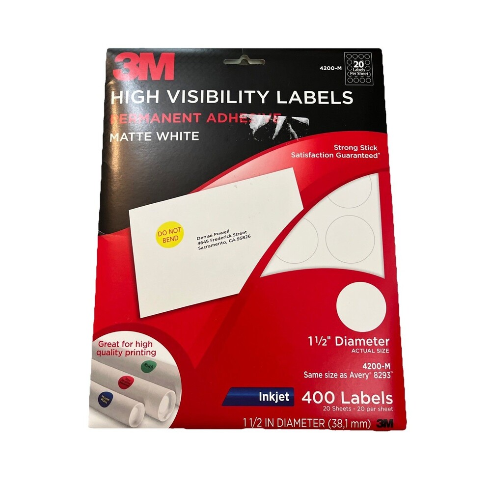 3M Matte White High Visibility Labels 1-1/2 Dia. Permanent Inkjet  400 4200-M